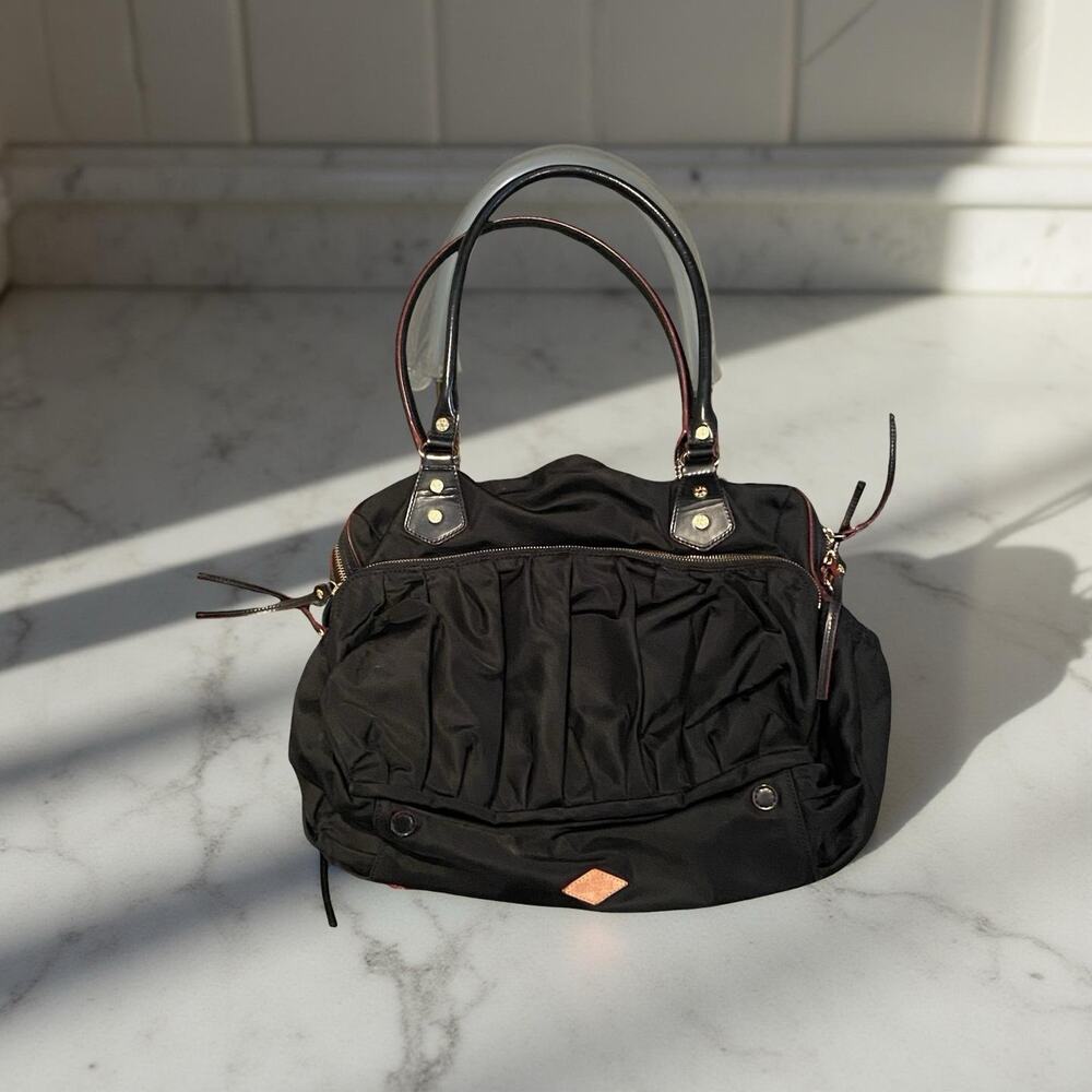 MZ Wallace Signature Classic Black Nylon Leather Trim Satchel Bag Zip Pockets
